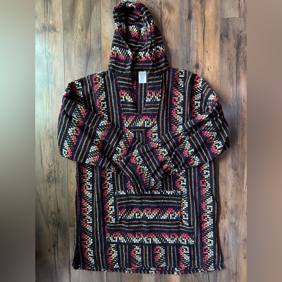 Vintage Baja Hoodie XL Mexican Drug Rug Festival Boho Surf Pullover - Picture 3 of 6